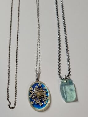 Silver Tone Necklace with Blue Floral Pendant Lot